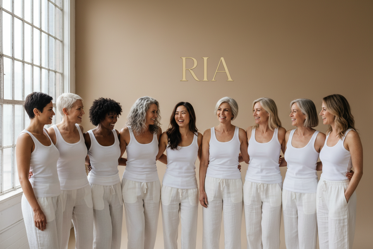 keep the window but have them all standing up and interacting with each other some smiling and some laughing also get rid of the backdrop and have a neutral color wall in the background with the word RIA in font Cinzel on the wall behind them